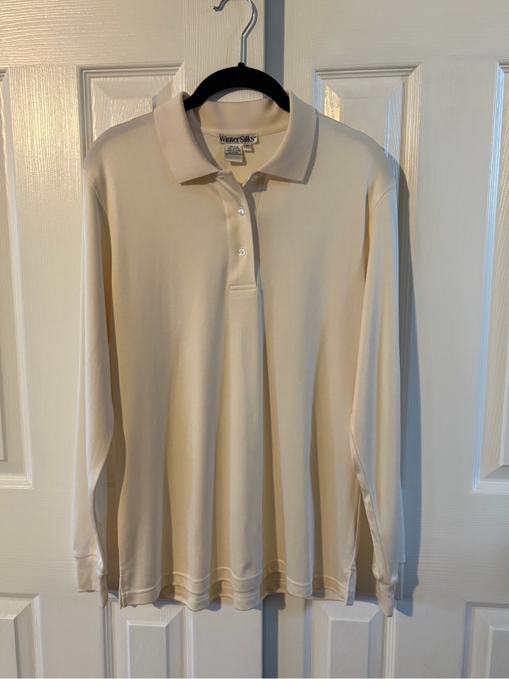 WinterSilks Women's Cream Long-Sleeve Collared Polo Style Top Size Medium EUC